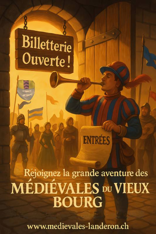 Porte d'entrée avec foule et un troubadour annonçant l'ouverture de la billetterie