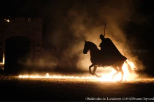 Cavalier dessinant le sable avec du feu durant le spectacle nocturne