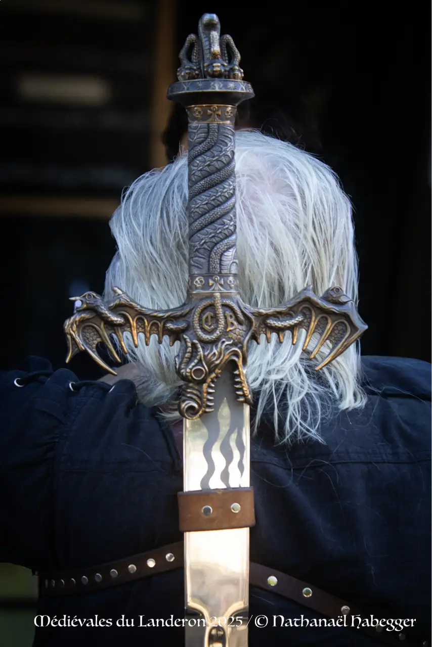 Homme aux cheveux blanc de dos avec son épée dragon accrochée verticalement