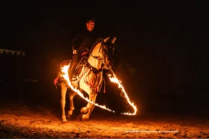 Cheval passant sur une corde à sauter enflammée